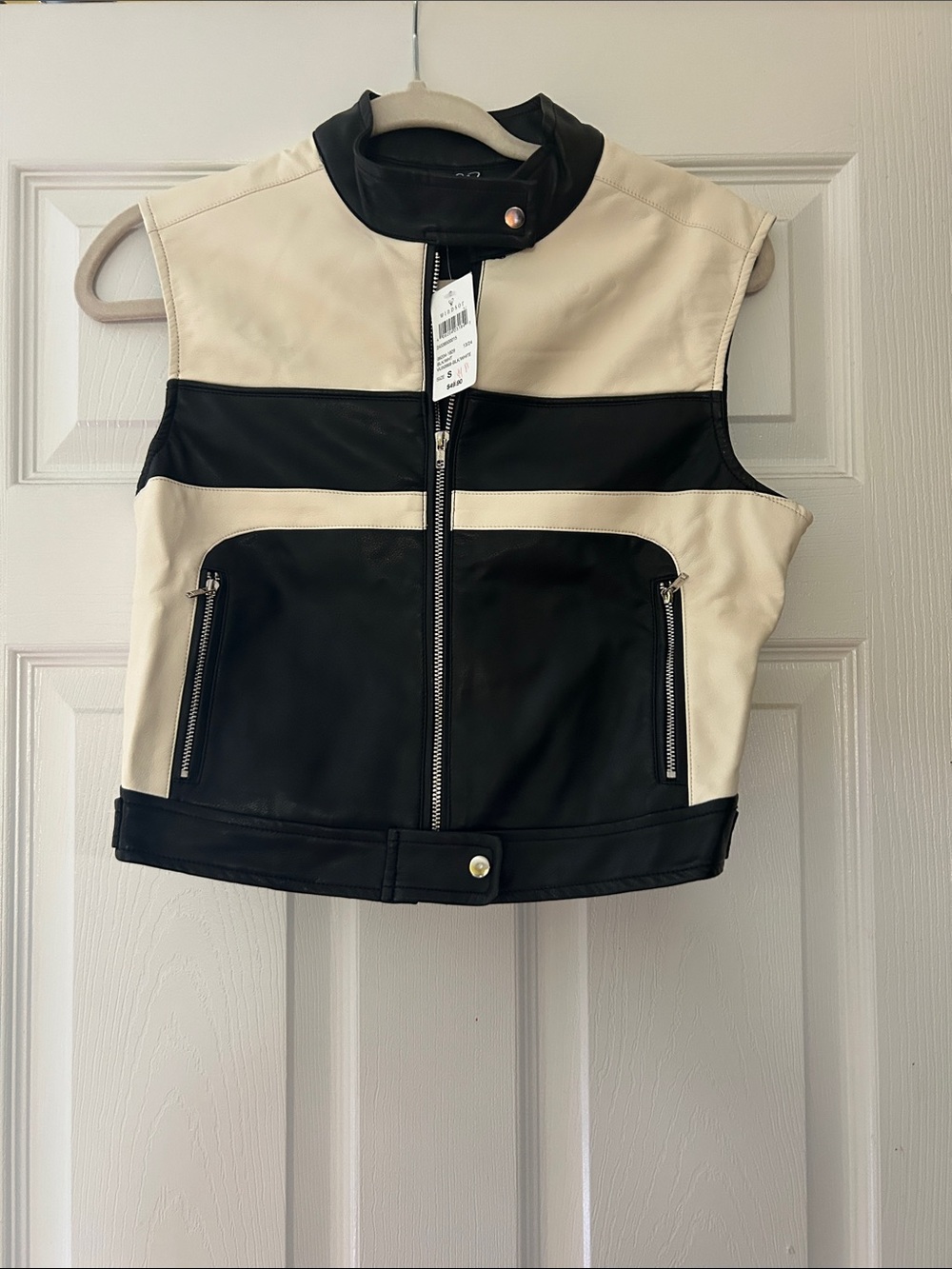 Windsor Black & Cream Faux Leather Colorblock Sleeveless Vest